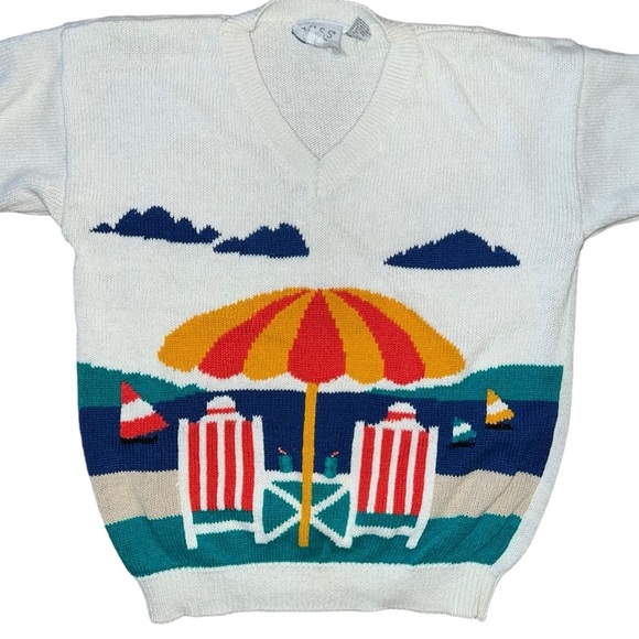 80’s Russ Studio Beach Knitted Short Sleeve Sweater Size Small - Picture 3 of 6